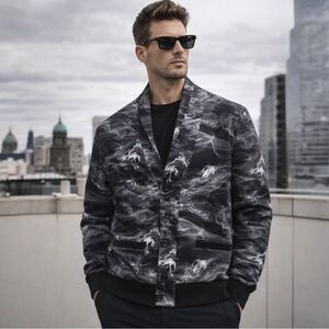 Greyson Ghost Dancer Smoke Print Jacket Bomber Cardigan Black Men’s Sz Large
